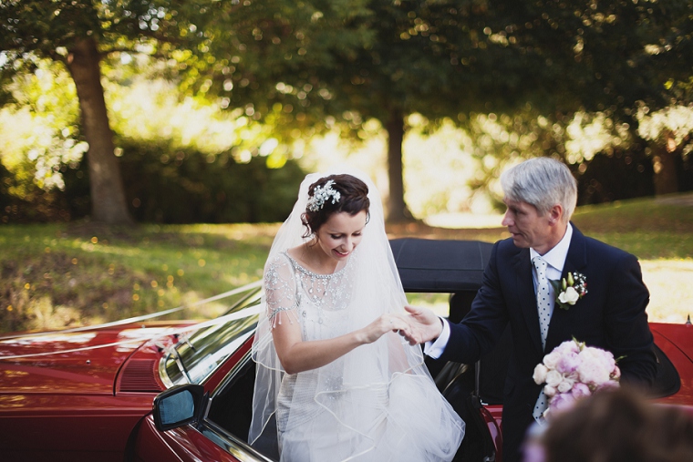 Wedding Photographer in Kent and London Annabelle and Charlie 006 Bride getting out of wedding car before start of wedding ceremony