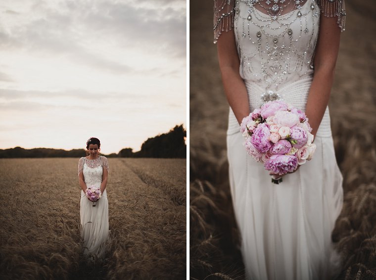 A photo of a bride and her boquet shot in a cornfield at sunset in Vigo, Kent