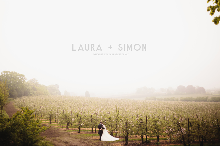 Kent Wedding Photography at Mount Ephraim Gardens in Kent as Bride and Groom look out across an orchard