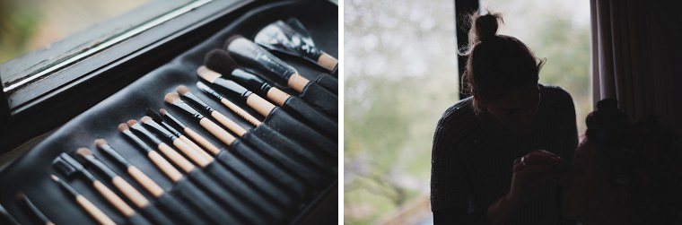 Make up artist applying the brides make up before her wedding at Nettlestead Place