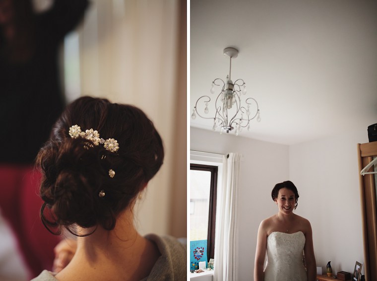 Bride in her white dress as she gets ready for her wedding