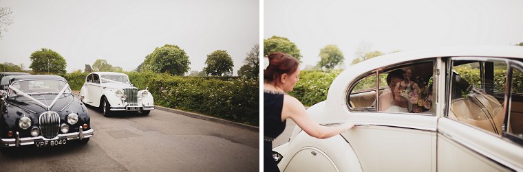 Bride arriving in her white rolls royce wedding car