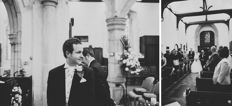 Groom turning back to look as bride enters the church