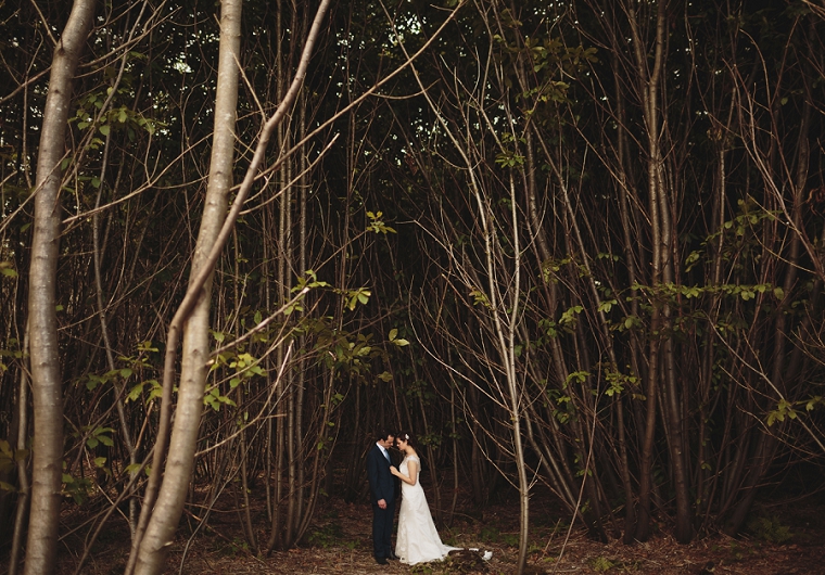 Amazing wedding portrait of bride and groom on wedding day in woods
